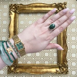 1980s Malachite 14kt Gold Ring With .50ct Diamonds, Approximate Size 7.5 - 8.5